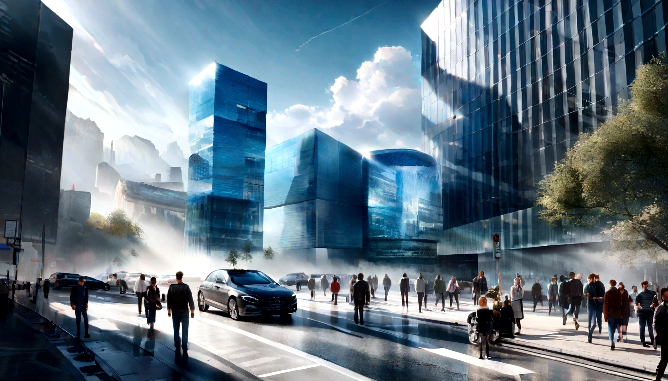 True, realistic, cinematic quality, super detail, super quality, super hd, real photography, ((working with Hologram Building)), sunshine, fog, like tony stark