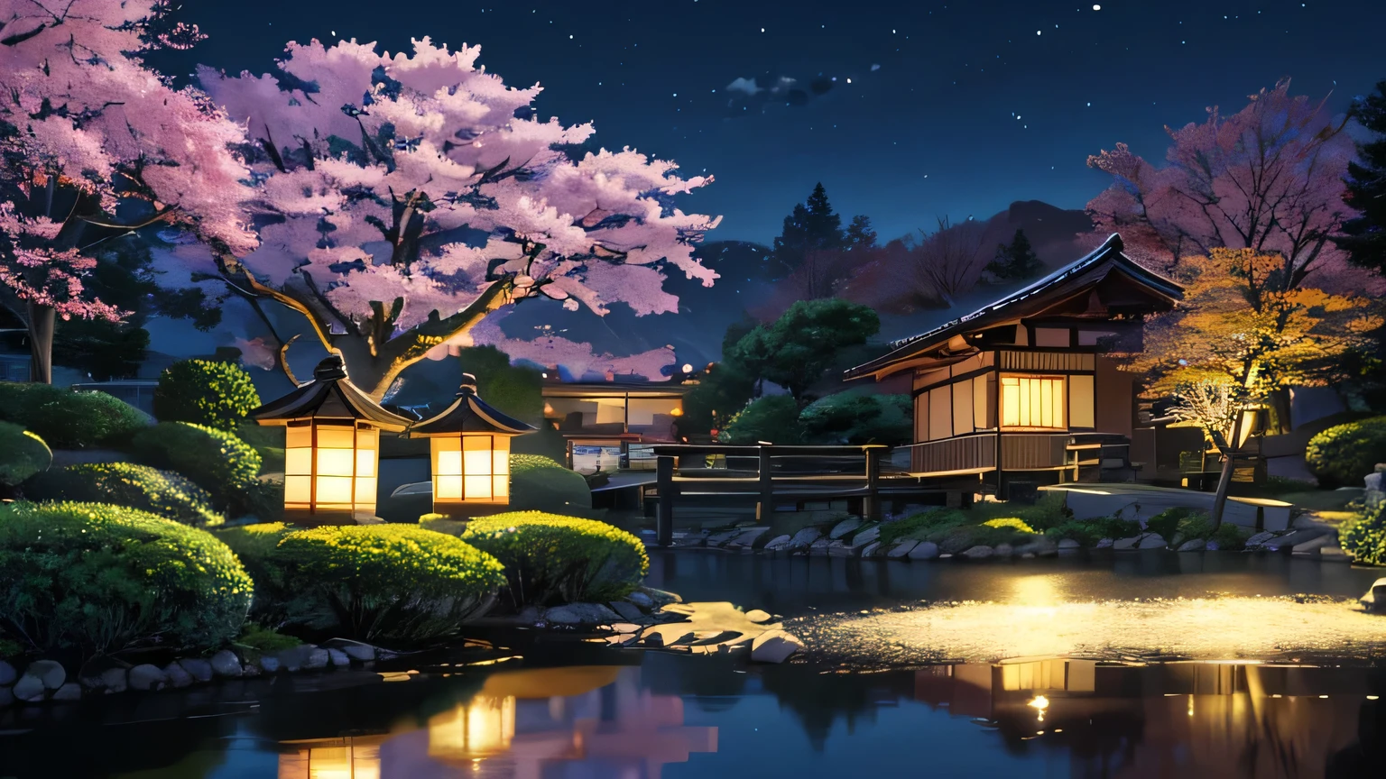 a Japanese-style village in the countryside, in spring, at night, with Japanese lanterns in the houses, and typical things