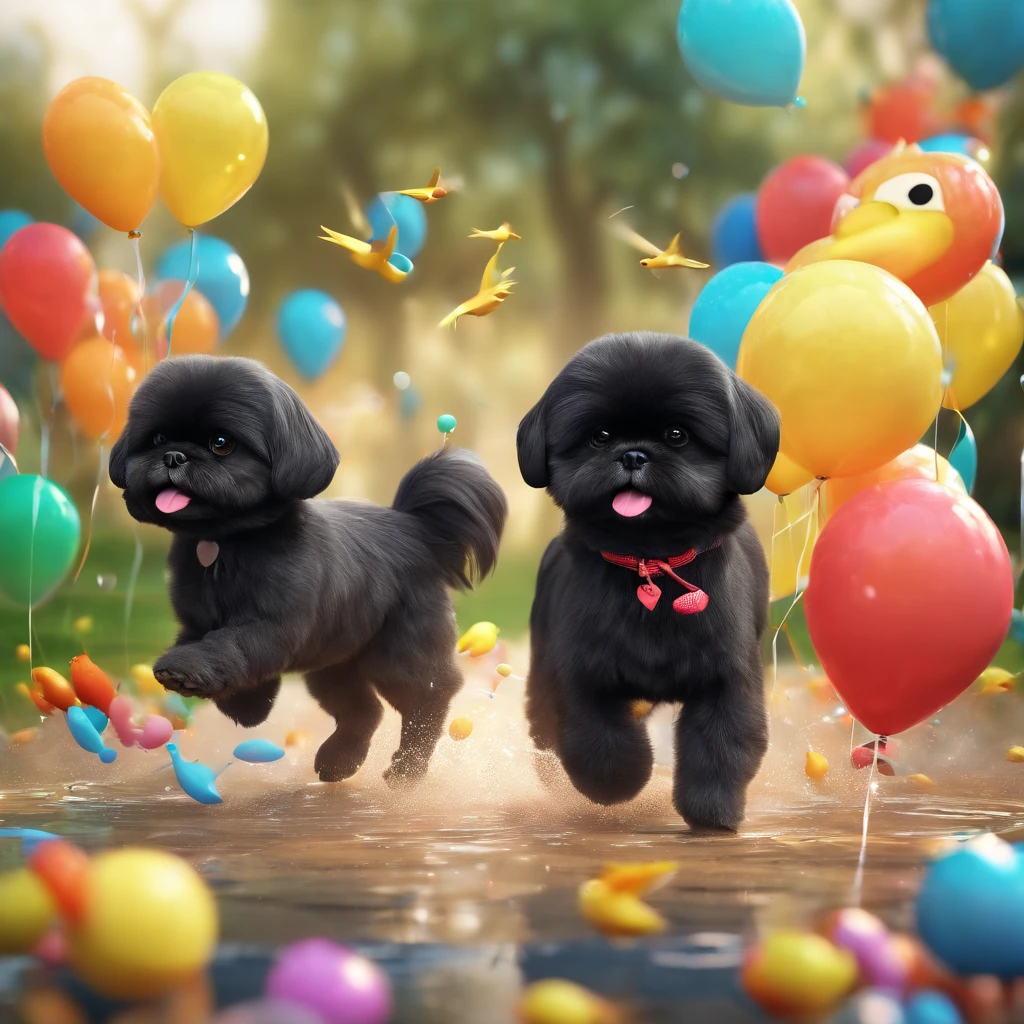 2 adorable small black shih tzu puppies, wearing bright bandanas and sunglasses, painting and making a mess, disney background, 3d cartoon, 3d render, disney pixar style, intricate details, soft lighting, vibrant colors, whimsical, photorealistic, 8k, best quality