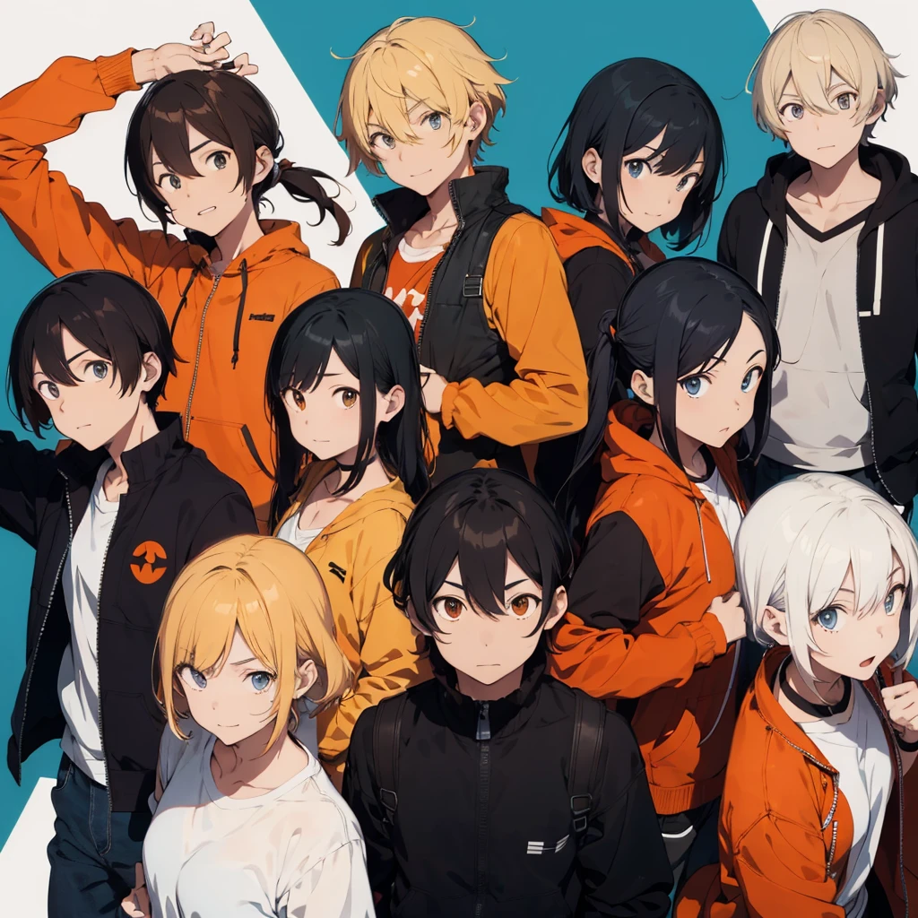 A group of male characters together as if it were the cover of a 2d anime, that have human form, with orange jackets written Breakdown in white