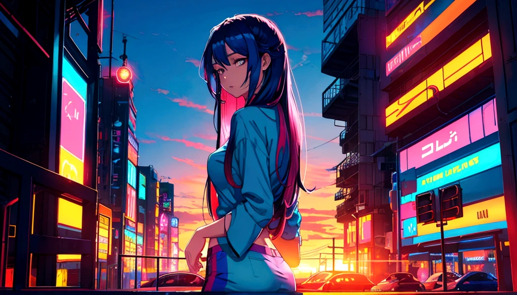 Sunset, colorful neon city, beautiful woman, relaxing, blue long hair, colorful shirt, casual, upper body, front view, 8k, detailed digital art, detailed artwork, ultra high resolution wallpaper, art wallpaper 4k,