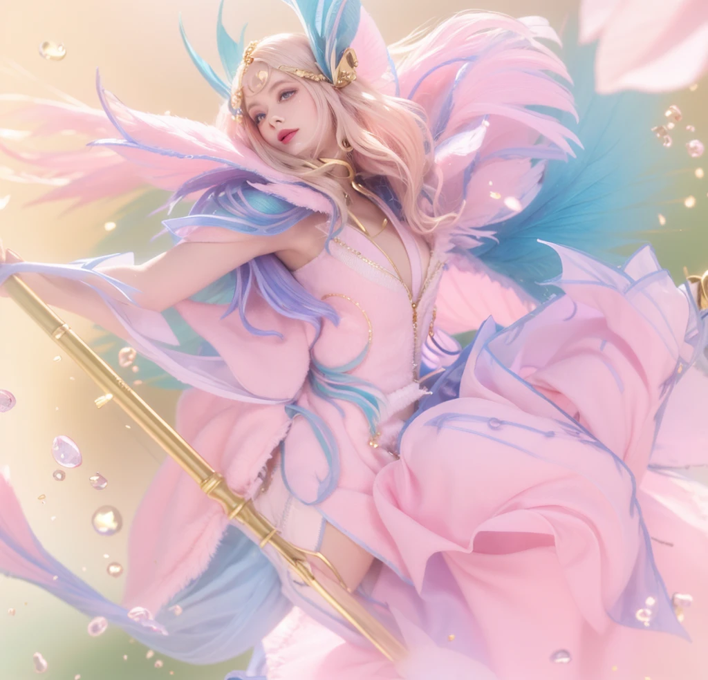 Woman with pink long hair, woman with beautiful face, woman with beautiful blue round eyes, woman with blue feather wing on her right hand, beautiful woman with pink lipstick, morning background, woman with beautiful pink flower on her blonde short hair, woman using pink skirt, woman with gold Root accessories on her body, woman on green leaf background, woman with golden accessories on her head, woman using blue dress and pink white gradient color, pink flower on her Pinkhair, pink dress, 
