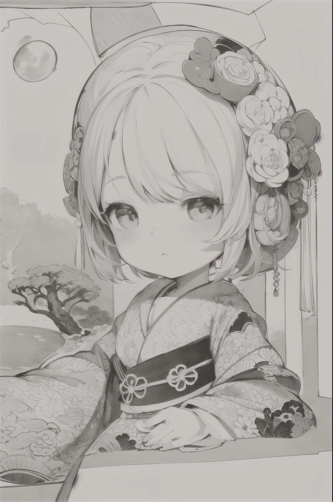 best quality, masterpiece, photo, 4K, photorealistic, highly detailed, huge moon in the background, black and white, closeup, Create a realistic ukiyo-e illustration of a cute girl in a kimono that conveys Japanese culture in various poses with a Japanese garden in the background, using a simple monochrome coloring book that even children can do.