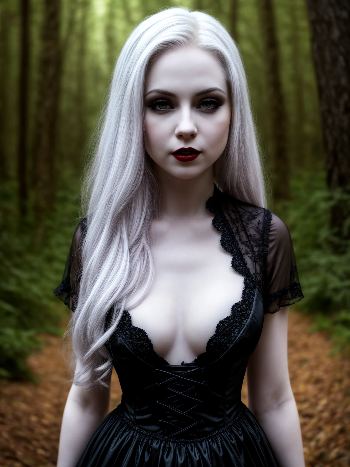 female sexy vampire|albino, pale porcelain skin, sexy vintage black dress, smile, shallow depth of field, grin|creepy, nightfall, detailed face, night, wide hips, narrow waist, portrait of woman standing, detailed eyes, portrait of woman standing, 8k RAW photo, highest quality, looking at the viewer, best shadow, intricate details, long hair, bright eyes, forest, grave, gothic, goth detailed, highres, high qualilty, high saturation