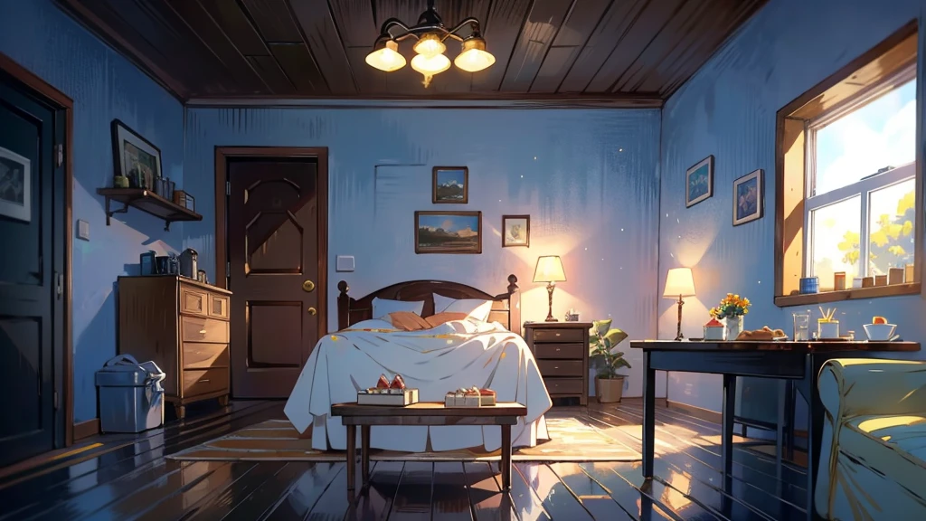 Dark apartment, small birthday cake on old wooden table, modern apartment, alarm clock on the wall，anime scene.Upward shot，Bottom-up perspective，No humans