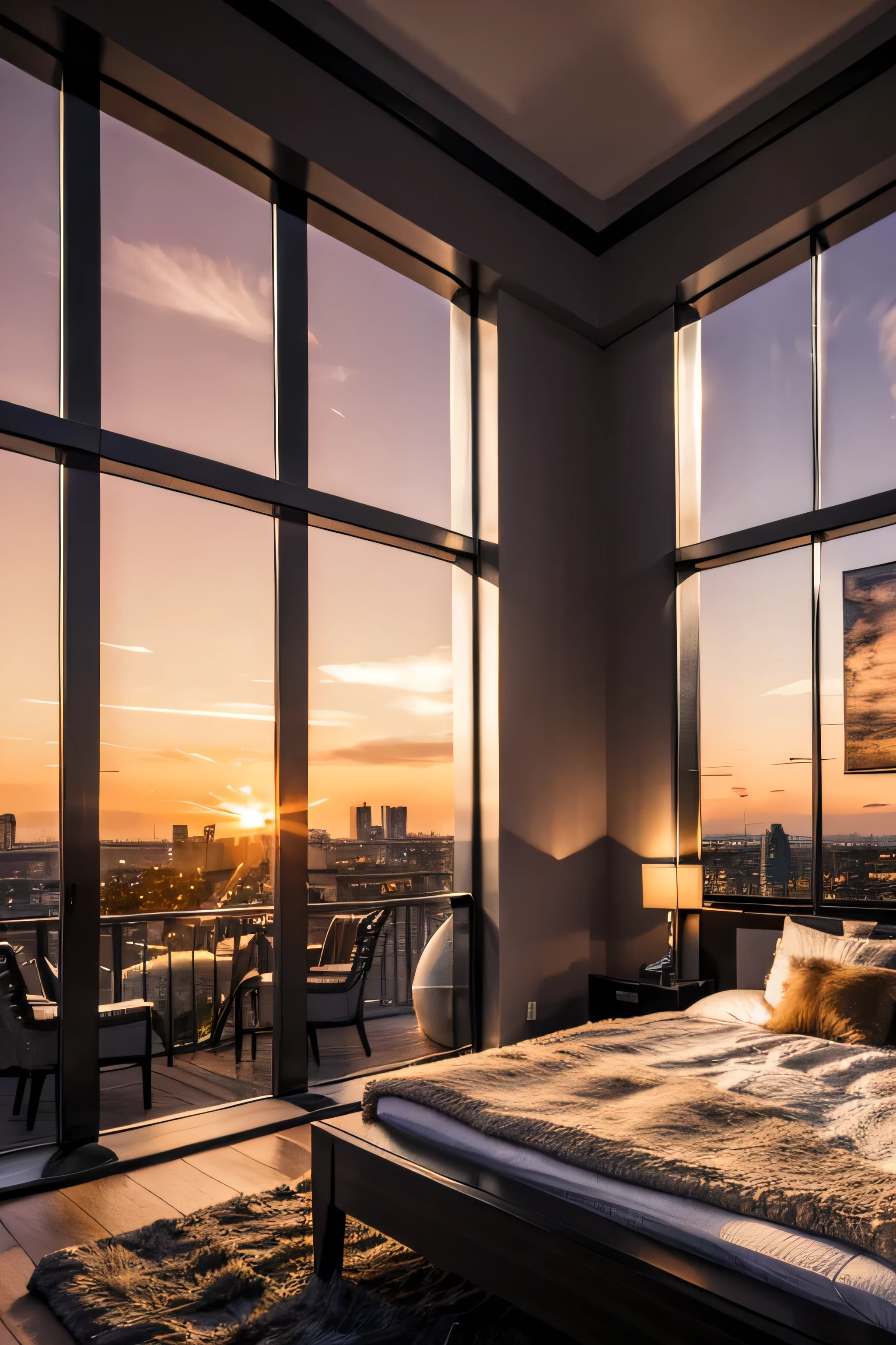 work of art, best qualityer, 8K, Photographic Reality, realisitic, room, bed-in, sunset windows, properties,