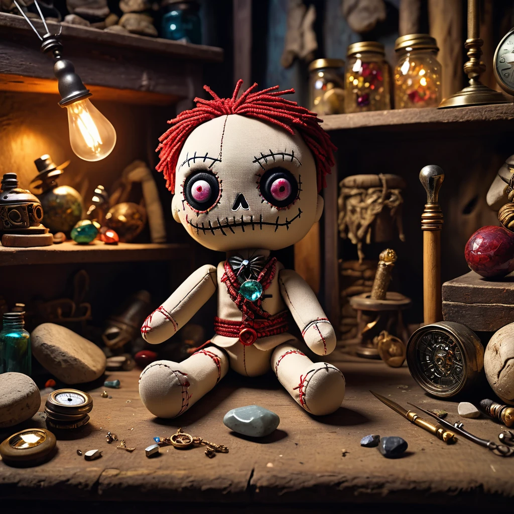 (knitted toy voodoo doll:1.7), (Voodoo Cursed Jeweler:1.3), (clothes Work apron, magnifying glass, precious stones:1.0), (in the background Abandoned workshop, broken display cases, shimmering stones:1.3), best quality, masterpiece, detailed soft oil painting, detailed background, dramatic cinematic lighting, soft edge lighting, professional, dramatic lighting, hard edge lighting, ultra quality, 4k,masterpiece, best quality, 8k, ultra highres, highres, extremely detailed