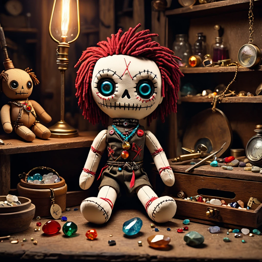 (knitted toy voodoo doll:1.7), (Voodoo Cursed Jeweler:1.3), (clothes Work apron, magnifying glass, precious stones:1.0), (in the background Abandoned workshop, broken display cases, shimmering stones:1.3), best quality, masterpiece, detailed soft oil painting, detailed background, dramatic cinematic lighting, soft edge lighting, professional, dramatic lighting, hard edge lighting, ultra quality, 4k,masterpiece, best quality, 8k, ultra highres, highres, extremely detailed