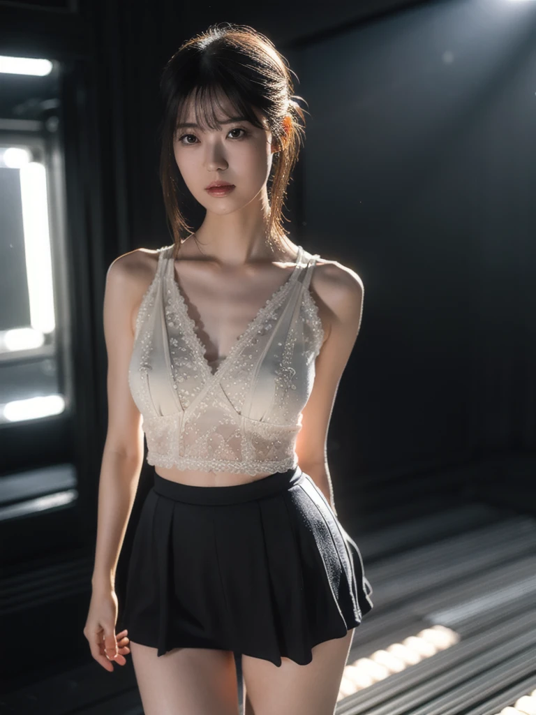 delicate, best quality, 16K, Detail Background, Tanktop, Mini Skirt,Big Breast, ((Slim Thigh)), (intricate details:1.3), finely detailed, colorful, (studio lighting:1.2), (photorealistic:1.3), (detailed skin:1.2), lens flare, shade, backlighting, depth of field, natural lighting, hard focus, 1 girl, Black long hair, ((standing)), crossed legs