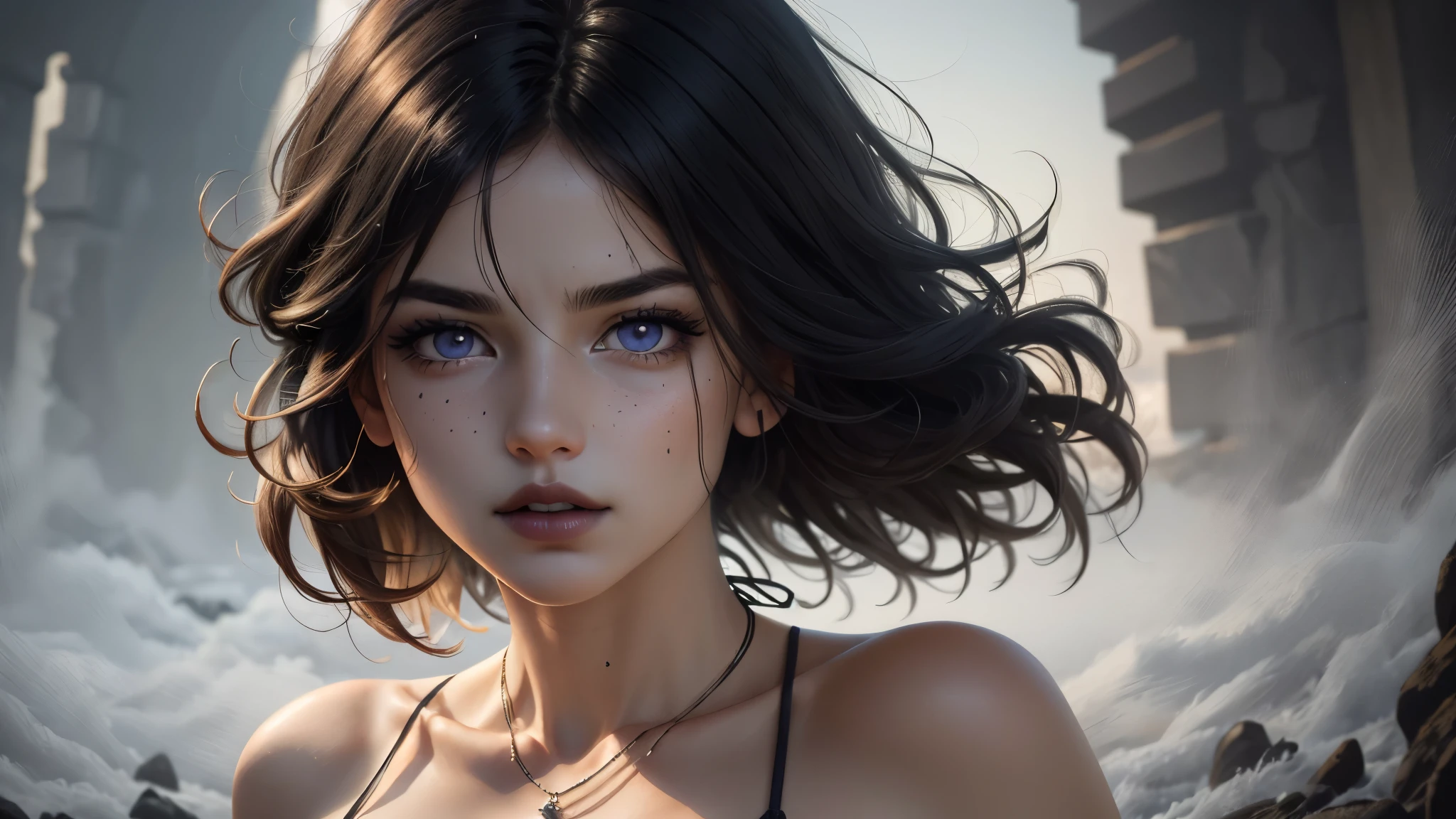 masterpiece,(Best quality,top quality,8 k),realistic,detailed eyes and face,(1 girl), purple eyes, black hair, dirty hair, short hair, hair between eyes,(touch:1.2), pixie, Goth, Gothic, necklace, black lips, (bikini:1.2), Beautiful girl, skin beauty, Ultra high resolution, Raw photo , detailed body ,(swollen eyes) ,good contrast , high sharpness,(fabulous),realistic,Raw photo,(hyper-detailed:1.2)