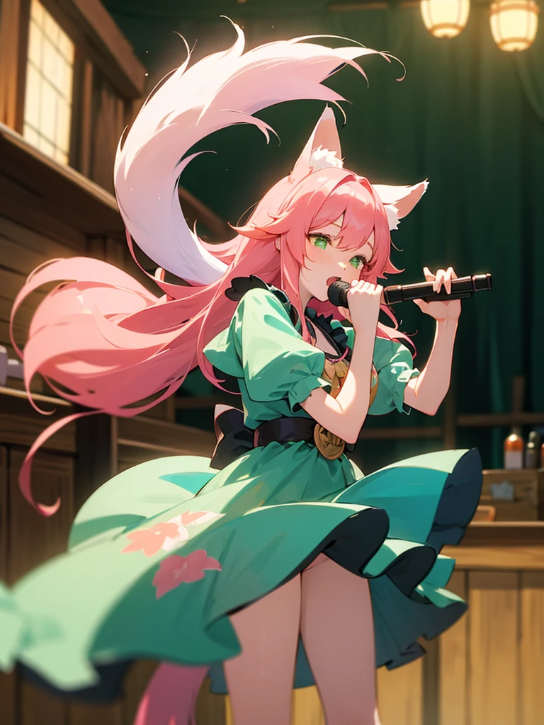 kitsune idol in a tavern, foxgirl, fox ears, fox tails, pink hair, green eyes, blue idol dress, tavern background, high quality, masterpiece, singing