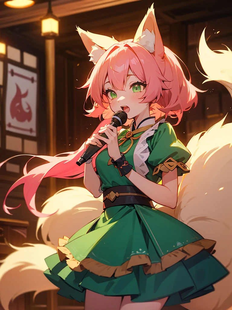 kitsune idol in a tavern, foxgirl, fox ears, fox tails, pink hair, green eyes, blue idol dress, tavern background, high quality, masterpiece, singing