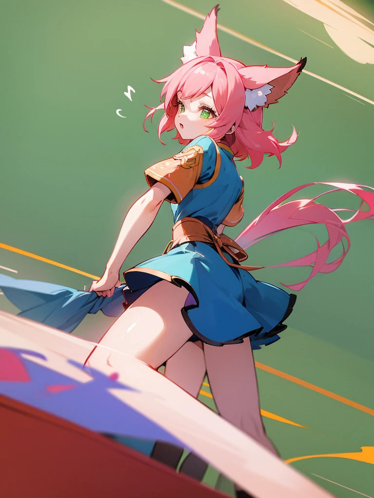 kitsune idol in a tavern, foxgirl, fox ears, fox tails, pink hair, green eyes, blue idol dress, tavern background, high quality, masterpiece, singing