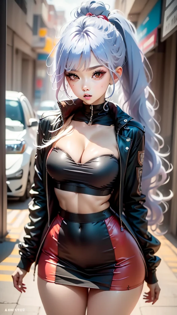 The character costume is KPOP, Hallyu, K-pop anime art style, Hallyu frontline style, Hallyu art style, kpop style, official artwork, Chibi art, Pisif, Blackpink style, cute.     KPOP artwork in various poses, The popularity of Pisif art station, 16 year old chibi, No watermark, Extra close-fitting mini skirt, open jacket, extra short clear top Strapless, cleavage, style clothing cyberpunk, smallest short short, wide angle, short top, very short, 