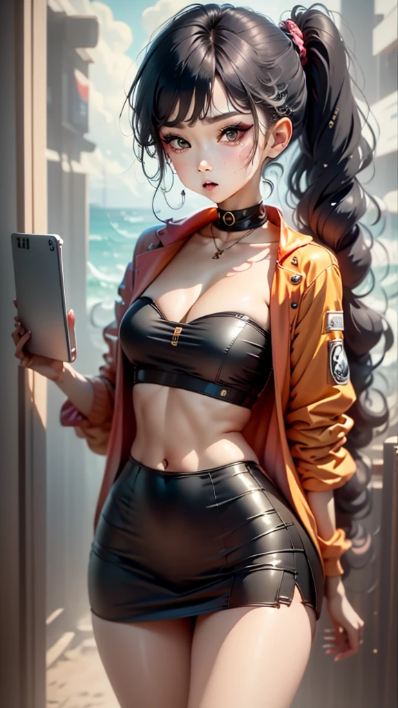 The character costume is KPOP, Hallyu, K-pop anime art style, Hallyu frontline style, Hallyu art style, kpop style, official artwork, Chibi art, Pisif, Blackpink style, cute.     KPOP artwork in various poses, The popularity of Pisif art station, 16 year old chibi, No watermark, Extra close-fitting , , extra short clear top Strapless, cleavage, style clothing cyberpunk, smallest short short, wide angle, short top, very short, 