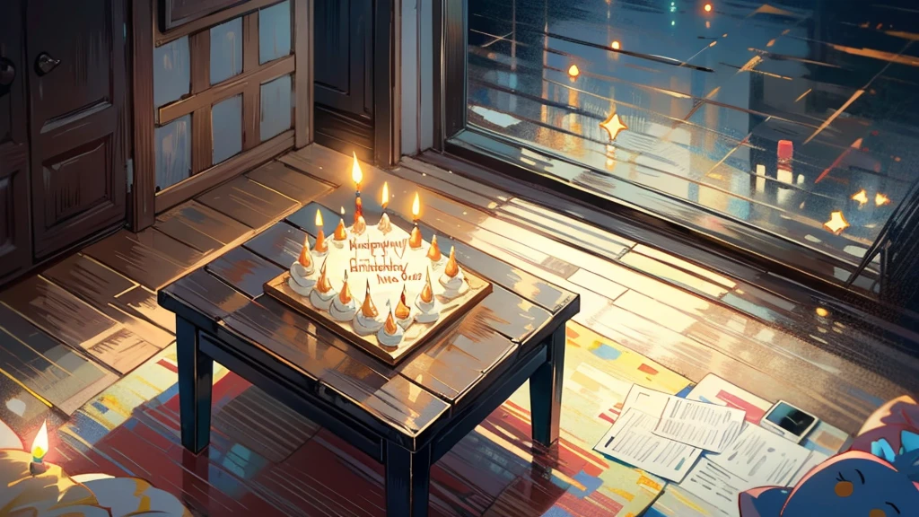 Dark apartment, small birthday cake on old wooden table, modern apartment, alarm clock on the wall,anime scene.Upward shot,Bottom-up perspective,No humans