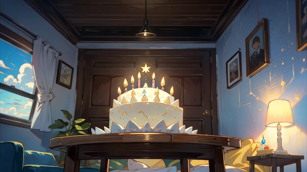 Dark apartment, small birthday cake on old wooden table, modern apartment, alarm clock on the wall，anime scene.Upward shot，Bottom-up perspective，No humans