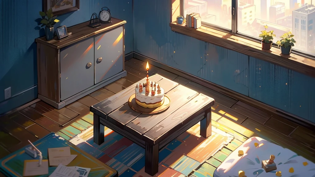 Dark apartment, small birthday cake on old wooden table, modern apartment, alarm clock on the wall,anime scene.Upward shot,Bottom-up perspective,No humans