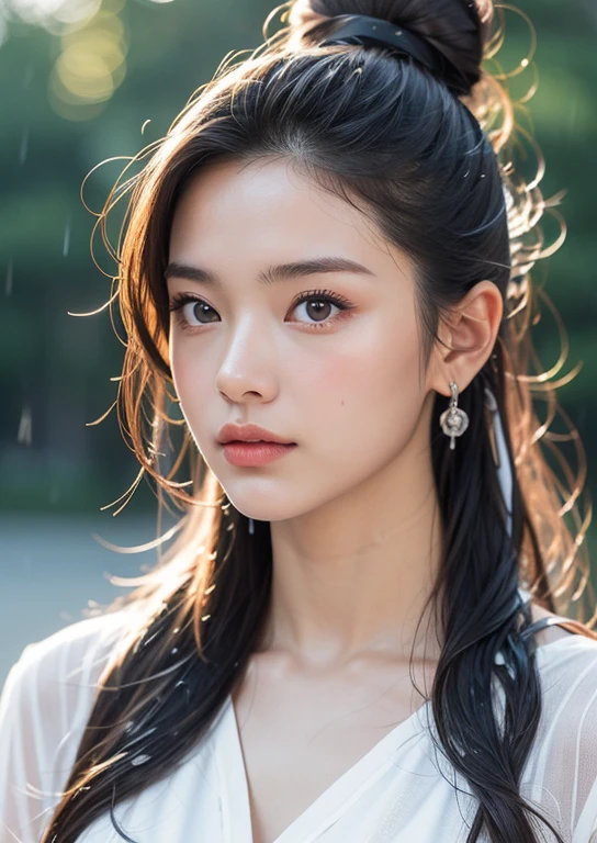 (((Upper body shot，Close-up photo)))、(((long hair，Bun hairstyle)))、(((Rainy Day，get wet)))、(((White summer chiffon shirt，get wet雪紡衫)))、18 years old、angry、girl、Plump breasts、Point on chest、Penetrating breasts、Showing nipples、Light eye makeup、Ultra-realistic faces、High resolution 16K、Skin texture must be natural、Use natural light and color、 High-quality photos taken by model agencies.