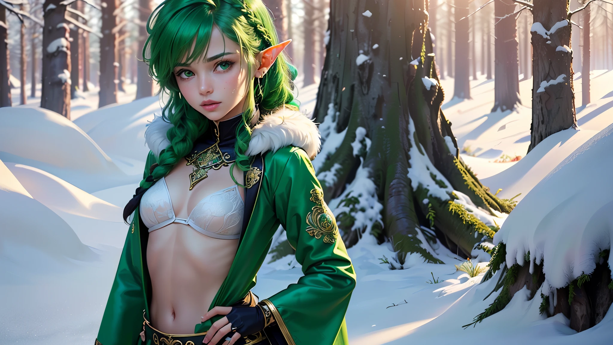 Cute elf,(((Small loliy ,Small))),(((6 years))),((anime elf loli wittremely Cute and beautiful Green hair)), (((elf))), (((elf ears))),
(((flat chest))),((((Green hair:1.35,messy Green hair,braided hair, dreadlocks hair,hair over eyes,Colored inner hair,breathing through the ears)))),(((Green_eyes:1.3))),difficult eyes,beautiful detailed eyes,symmetrical eyes,big eyes:1.5,(((shiny skin:1.5,Bright skin: 1.5,tanned skin,shiny skin,very shiny skin,shiny body,пластиковая shiny skin,exaggerated shiny skin,illuminated skin))),(detailed body,(detailed face)),
Cute,promiscuous,Erotic,brave,(NFV),
(((vines on his body))),revealing clothes,show skin,(((Sexy Green fur coat, Green fur coat outfit, wearing a Green fur coat:1.3,Green winter coat))), ((Green mini-skirt,Green mini skirt with furry edge,Visible thong straps)),(White gloves,Green clothes,half naked,with Small Green clothing,((((clothing with fur edges)))),(((leaves and flowers on her clothes,leaves on her clothes, flowers on her clothes,leaves and flowers on her hair))),(((difficult outfit,difficult clothes,Embroidered outfit,ornate outfit))),
(dynamic pose:1.0),embarrassed,(centered,Scale to fit,Rule of thirds),
((snowy pine forest at night)),with dark storm clouds,winter,landscape:1.25,((snow forest background)),Christmas tree,
A high resolution,sharp focus,(ultra detailed,extremely detailed),(photorealistic work:1.37),(extremely detailed CG unity 8k wallpaper),(((bright colors,bright theme))),(difficult),(masterpiece),(Best quality),