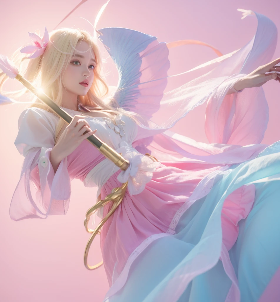 Woman with pink long hair, woman with beautiful face, woman with beautiful blue round eyes, woman with blue feather wing on her right hand, beautiful woman with pink lipstick, morning background, woman with beautiful pink flower on her blonde short hair, woman using pink skirt, woman with gold Root accessories on her body, woman on green leaf background, woman with golden accessories on her head, woman using blue dress and pink white gradient color, pink flower on her Pinkhair, pink dress,