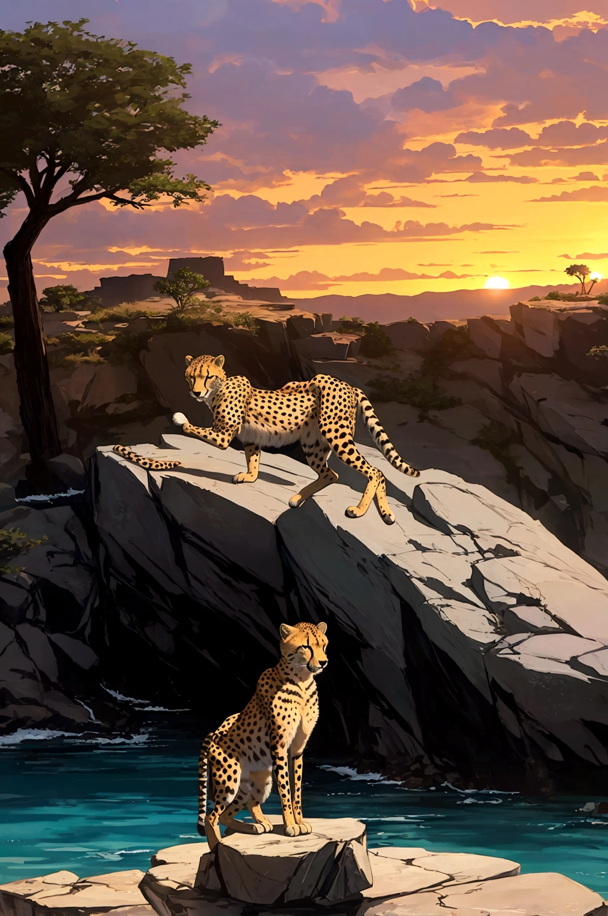 a Cheetah on the rock, sunset, safari, the wild world,