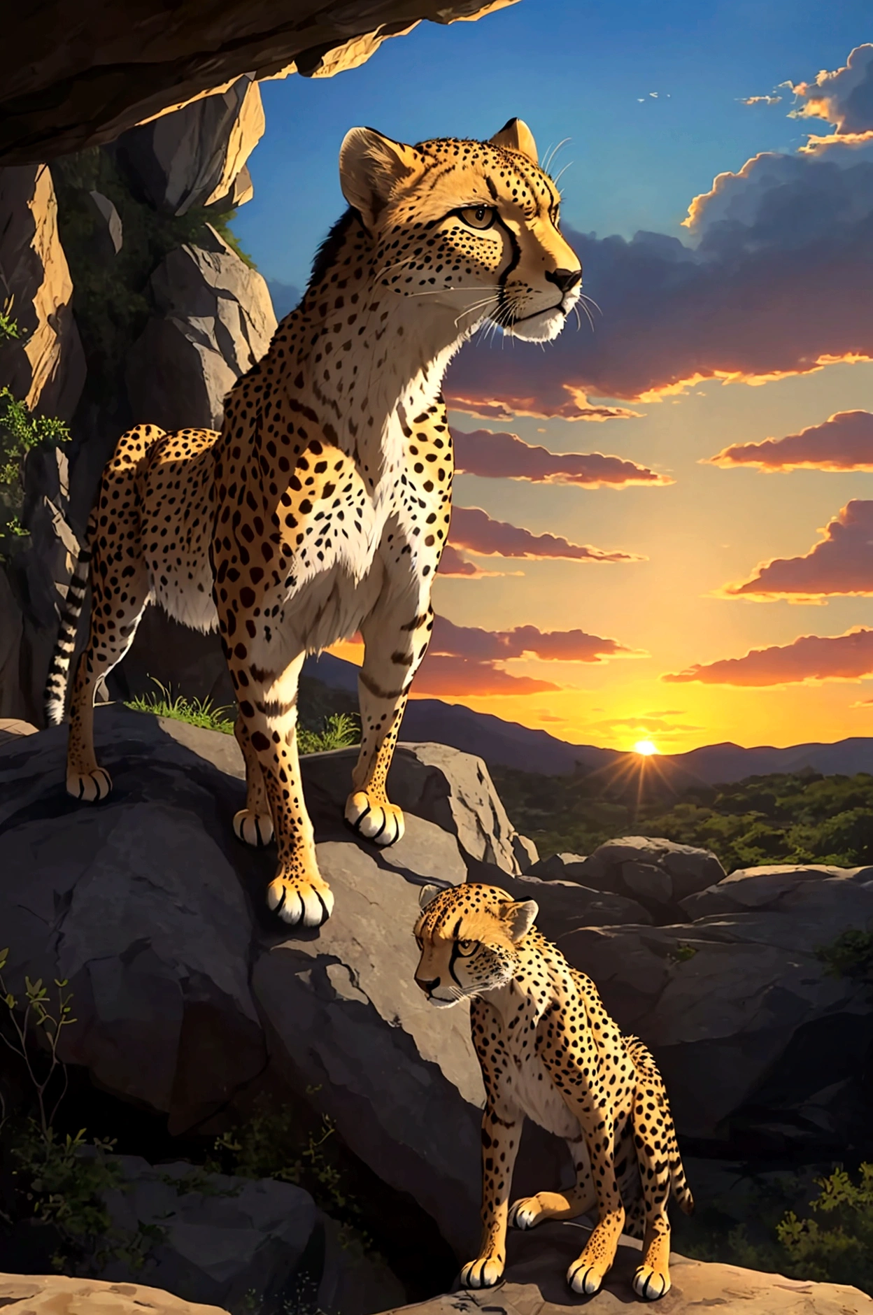 a Cheetah on the rock, sunset, safari, the wild world,