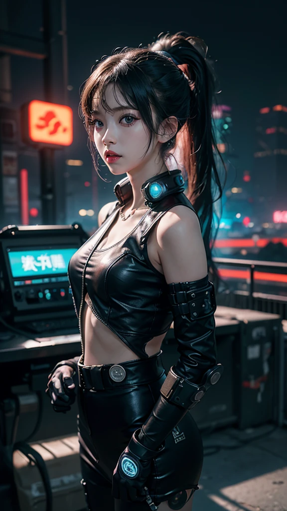 8K,beautiful,cyber punk,cyber punkな街並み,Neon night,Charming girl at 18 years old,Baby Face,ponytail,Long Shot,whole body,Composition from afar