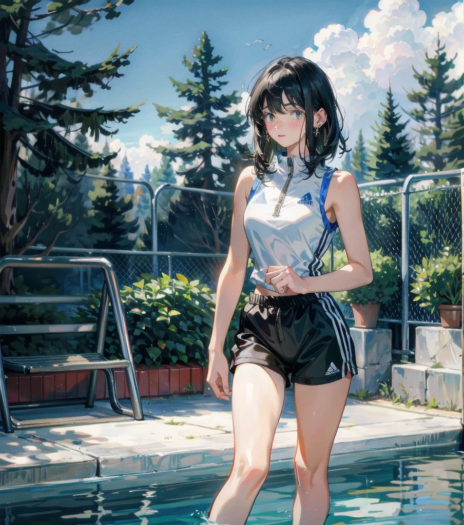 full body, delicate facial features, medium tits, medium hair, black hair, tearful mole, earring, tracksuit, (sleeveless, bare arms), shorts, pool,