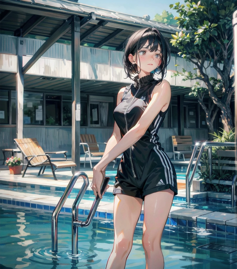 full body, delicate facial features, medium tits, medium hair, black hair, tearful mole, earring, tracksuit, (sleeveless, bare arms), shorts, pool,