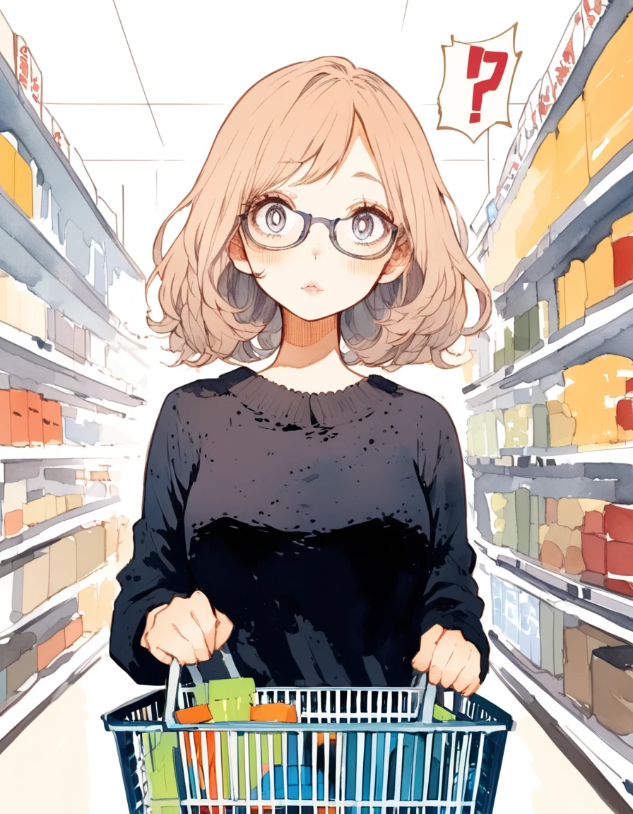 ultra-detailed:1.3, ultra delicate and detailed face:1.3, (absurdres, texture, masterpiece), watercolor, soft warm color, ennui morning, pixiv contest winner, by Posuka Demizu, dynamic manga-style illustration of slender girl with glasses is holding a shopping basket in supermarket entrance., She has a extremely surprised face, moist eyes, moist lips, head tilt, !?,