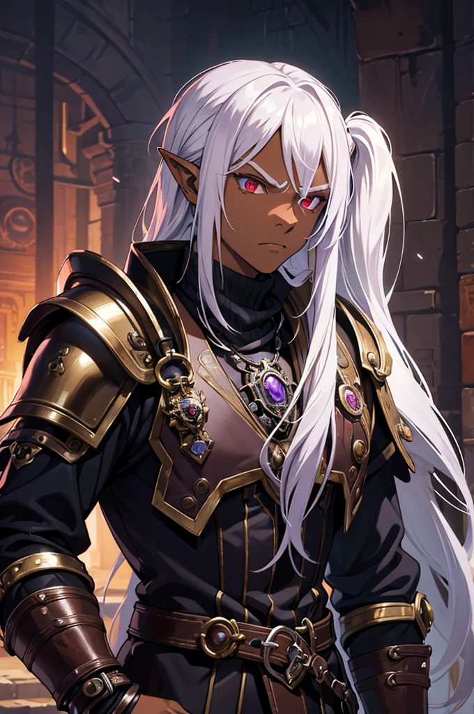 ((best quality)), ((masterpiece)), (detailed), ((boy)), ((mix between dungeonpunk and steampunk armor)), (serious), fantasy illustration, dark skinned, human, upper body, portrait, red eyes, long white hair, (wearing armor), Xemnas from Kingdom Hearts, half-drow, pointy ears, serious face, dramatic lighting, purple hue, art by Kinema Citrus and Tetsuya Nomura