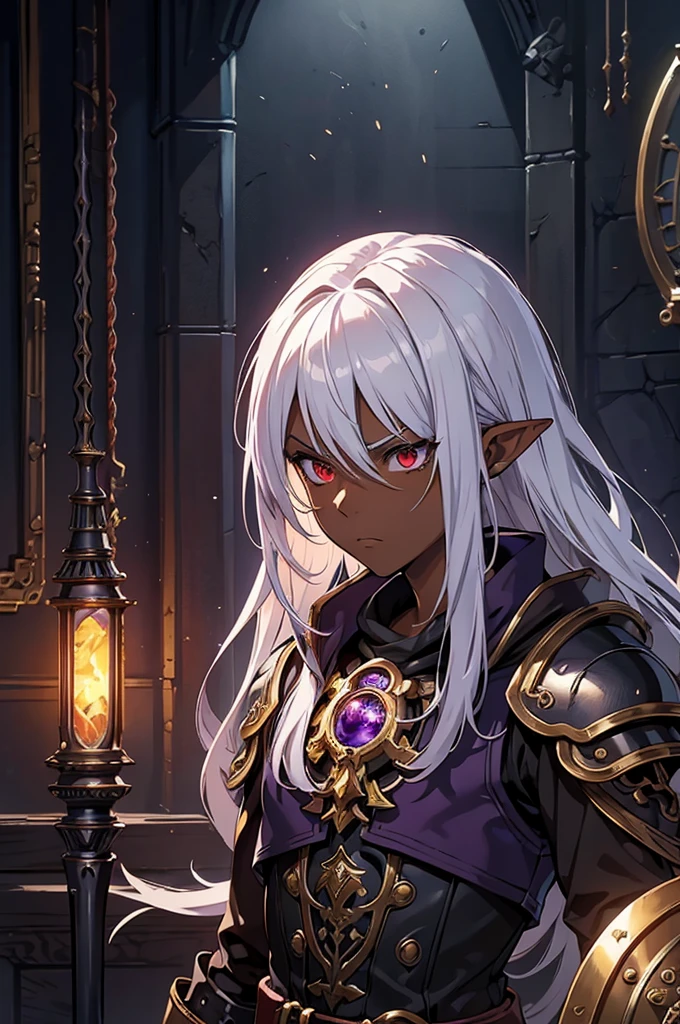 ((best quality)), ((masterpiece)), (detailed), ((boy)), ((mix between dungeonpunk and steampunk armor)), (serious), fantasy illustration, dark skinned, human, upper body, portrait, red eyes, long white hair, (wearing armor), Xemnas from Kingdom Hearts, half-drow, pointy ears, serious face, dramatic lighting, purple hue, art by Kinema Citrus and Tetsuya Nomura