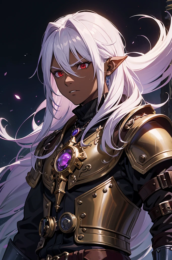 ((best quality)), ((masterpiece)), (detailed), ((boy)), ((mix between dungeonpunk and steampunk armor)), (serious), fantasy illustration, dark skinned, human, upper body, portrait, red eyes, long white hair, (wearing armor), Xemnas from Kingdom Hearts, half-drow, pointy ears, serious face, dramatic lighting, purple hue, art by Kinema Citrus and Tetsuya Nomura