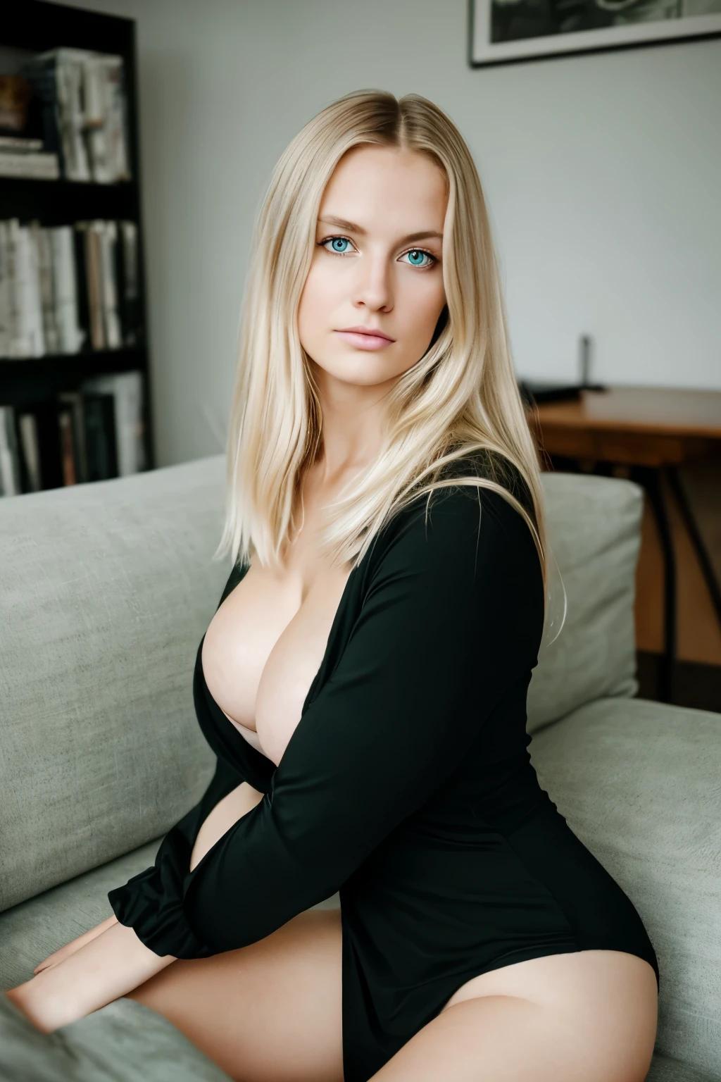 Generate a portrait of a white girl for me, green eyes, , pronounced cheekbones, soft skin, blond hair, large and pronounced breasts, little black clothes. On a couch at home. Take photography with high cinematic realism, as if taken with a Sonyalfa 77 DSLR camera, with front light.