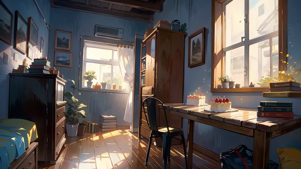 Dark apartment, small birthday cake on old wooden table, modern apartment, alarm clock on the wall,anime scene.Upward shot,Bottom-up perspective,nobody,