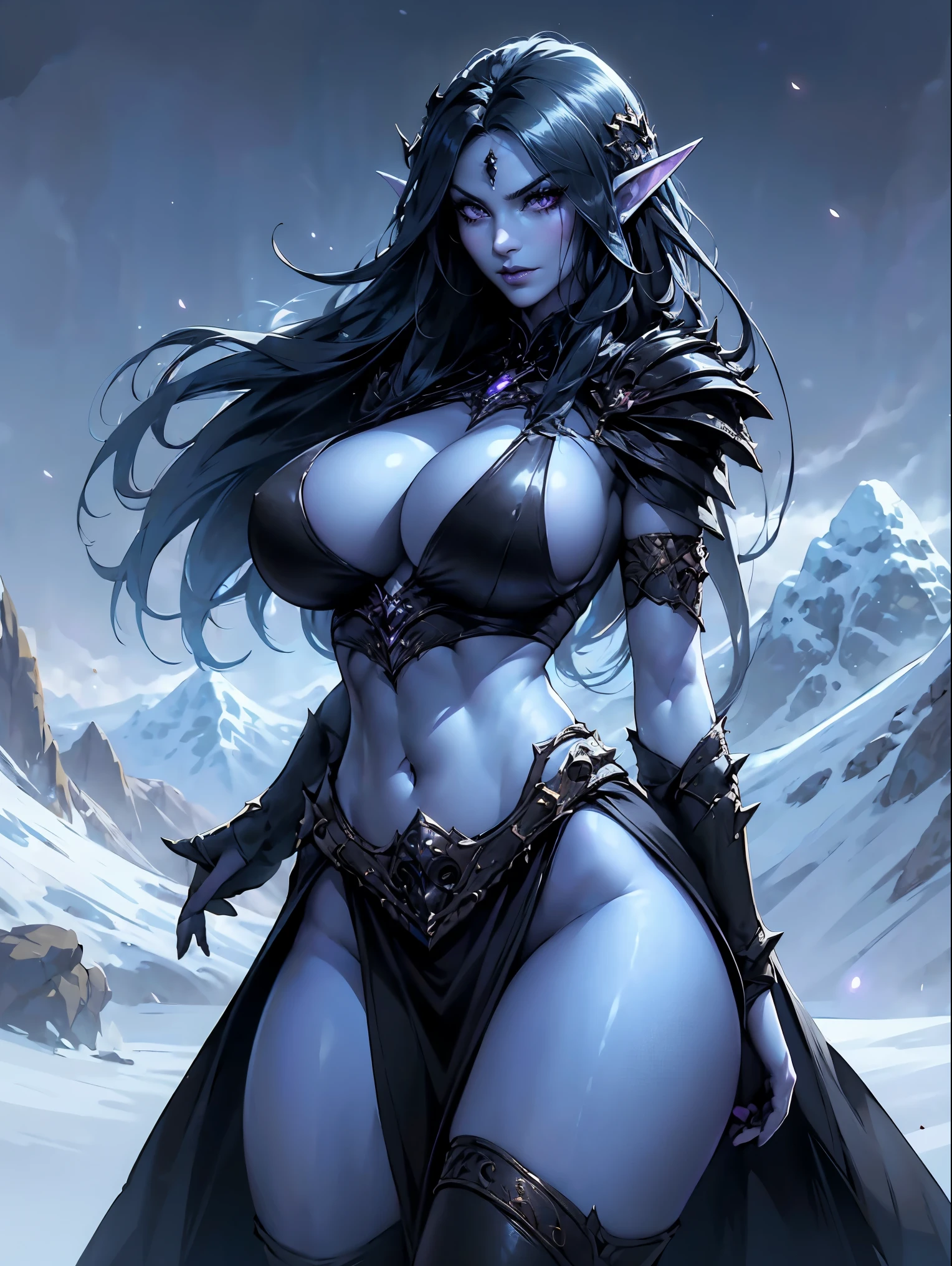 (masterpiece, top quality, best quality, official art, beautiful and aesthetic:1.2), (1girl:1.3), ((Sharp facial features, sharp features, hawkish features)), ((big hair, long elf ears, long black hair)), (((pale purple skin, pale blue skin, blue skin, purple skin))), big tiddy dark elf girl, extremely detailed, portrait, looking at viewer, solo, (full body:0.6), detailed background, full-body shot, (cold night mountain theme:1.1), dark elf war dancer, (spiky winged helmet), charlatan, smirk, mysterious, swaying in mountains, skimpy attire, revealing gladiatrix costume, ebony metal, gold filigree, long boots, dual knives, blood red fabric, pelvic curtain, loincloth, black leather, topless, gigantic breasts, long legs, pelvic curtain, cute belly button, toned tummy, slim waist, slim hips, long legs, medieval (mountain exterior:1.1) background, dark mysterious lighting, shadows, magical atmosphere, dutch angle