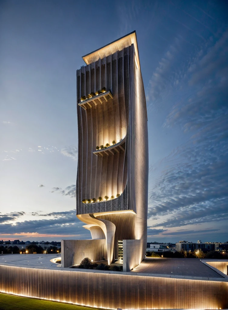Realistic Photo, high quality, real, office building, night with light, provide a highly detailed visual description of the exterior facade, focusing on the flowing, curved wave shapes and how they create a dynamic, sculptural look, Describe the overall massing, scale, and grandeur of the building's design, Discuss how the undulating facade interacts with light and shadow to create a sense of movement, Note any distinctive architectural features like the entrance, canopies, etc. that reinforce the wave design motif, Describe the interior spaces and how they relate to the exterior sculptural form, Use vivid descriptive language to convey a sense of awe and appreciation for the innovative, creative design, Analyze how the building defies conventional design norms yet achieves functionality, Contextualize it as an iconic addition to the cityscape and a new landmark, Discuss the broader significance of the design as pushing boundaries in modern architecture