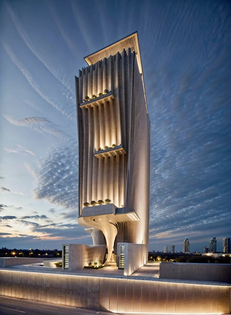 Realistic Photo, high quality, real, office building, night with light, provide a highly detailed visual description of the exterior facade, focusing on the flowing, curved wave shapes and how they create a dynamic, sculptural look, Describe the overall massing, scale, and grandeur of the building's design, Discuss how the undulating facade interacts with light and shadow to create a sense of movement, Note any distinctive architectural features like the entrance, canopies, etc. that reinforce the wave design motif, Describe the interior spaces and how they relate to the exterior sculptural form, Use vivid descriptive language to convey a sense of awe and appreciation for the innovative, creative design, Analyze how the building defies conventional design norms yet achieves functionality, Contextualize it as an iconic addition to the cityscape and a new landmark, Discuss the broader significance of the design as pushing boundaries in modern architecture