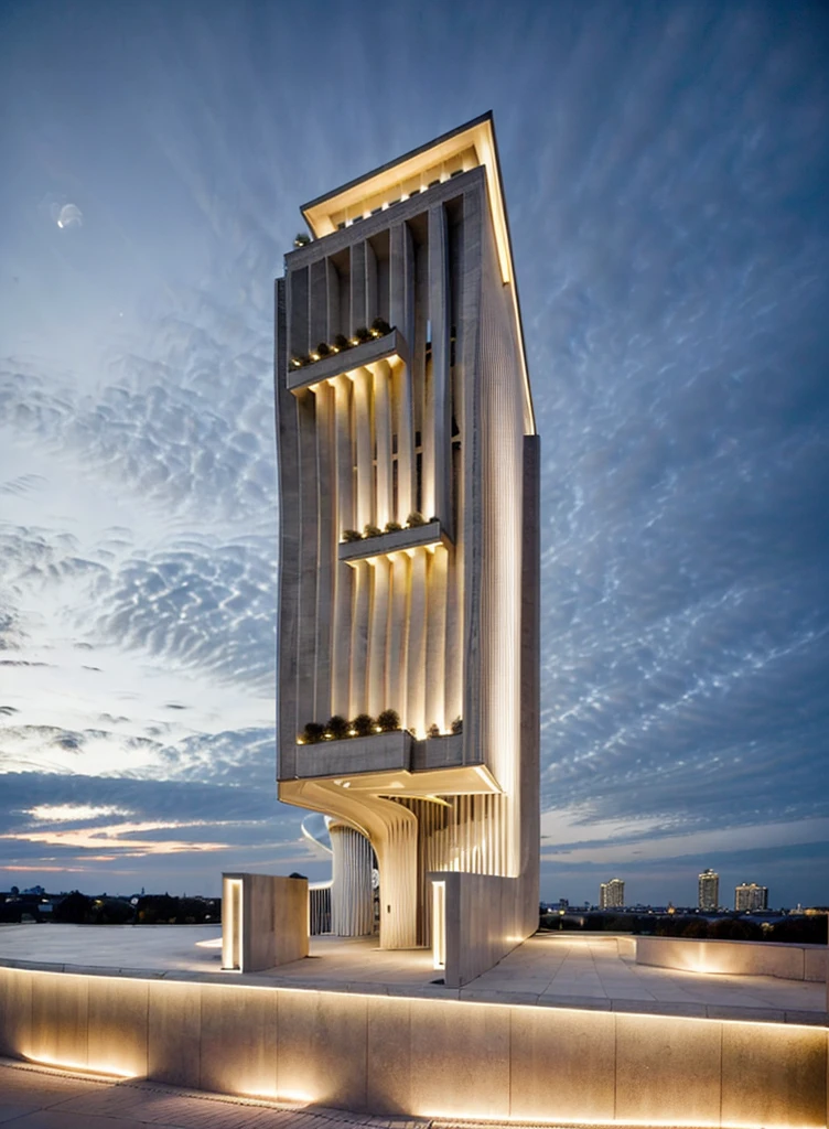 Realistic Photo, high quality, real, office building, night with light, provide a highly detailed visual description of the exterior facade, focusing on the flowing, curved wave shapes and how they create a dynamic, sculptural look, Describe the overall massing, scale, and grandeur of the building's design, Discuss how the undulating facade interacts with light and shadow to create a sense of movement, Note any distinctive architectural features like the entrance, canopies, etc. that reinforce the wave design motif, Describe the interior spaces and how they relate to the exterior sculptural form, Use vivid descriptive language to convey a sense of awe and appreciation for the innovative, creative design, Analyze how the building defies conventional design norms yet achieves functionality, Contextualize it as an iconic addition to the cityscape and a new landmark, Discuss the broader significance of the design as pushing boundaries in modern architecture