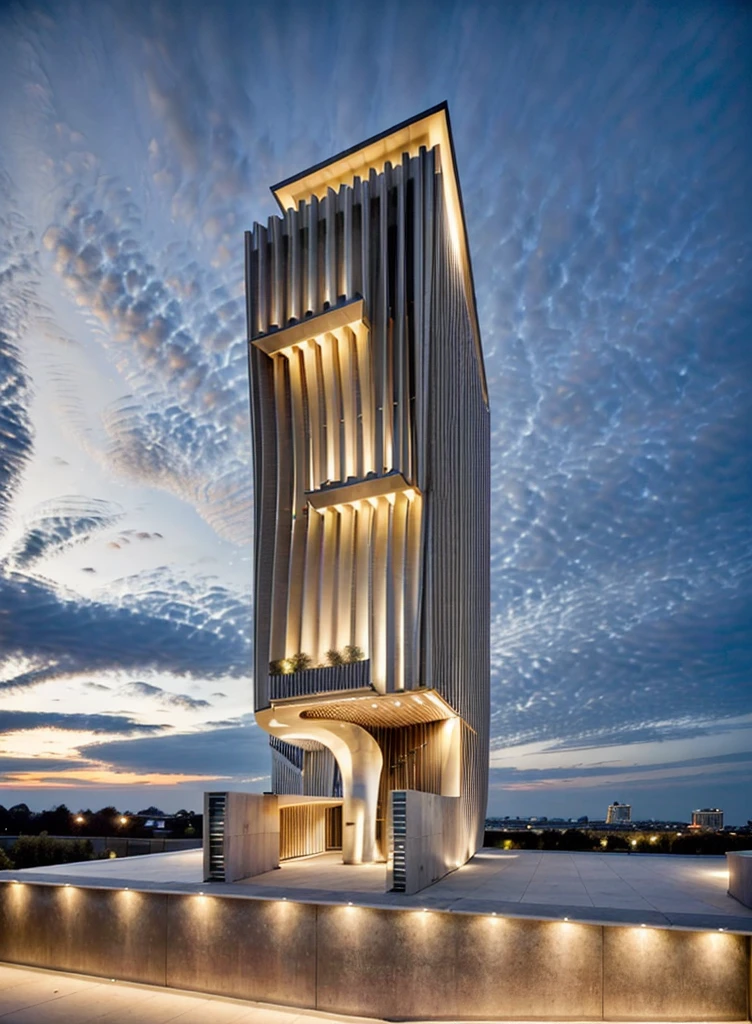 Realistic Photo, high quality, real, office building, night with light, provide a highly detailed visual description of the exterior facade, focusing on the flowing, curved wave shapes and how they create a dynamic, sculptural look, Describe the overall massing, scale, and grandeur of the building's design, Discuss how the undulating facade interacts with light and shadow to create a sense of movement, Note any distinctive architectural features like the entrance, canopies, etc. that reinforce the wave design motif, Describe the interior spaces and how they relate to the exterior sculptural form, Use vivid descriptive language to convey a sense of awe and appreciation for the innovative, creative design, Analyze how the building defies conventional design norms yet achieves functionality, Contextualize it as an iconic addition to the cityscape and a new landmark, Discuss the broader significance of the design as pushing boundaries in modern architecture