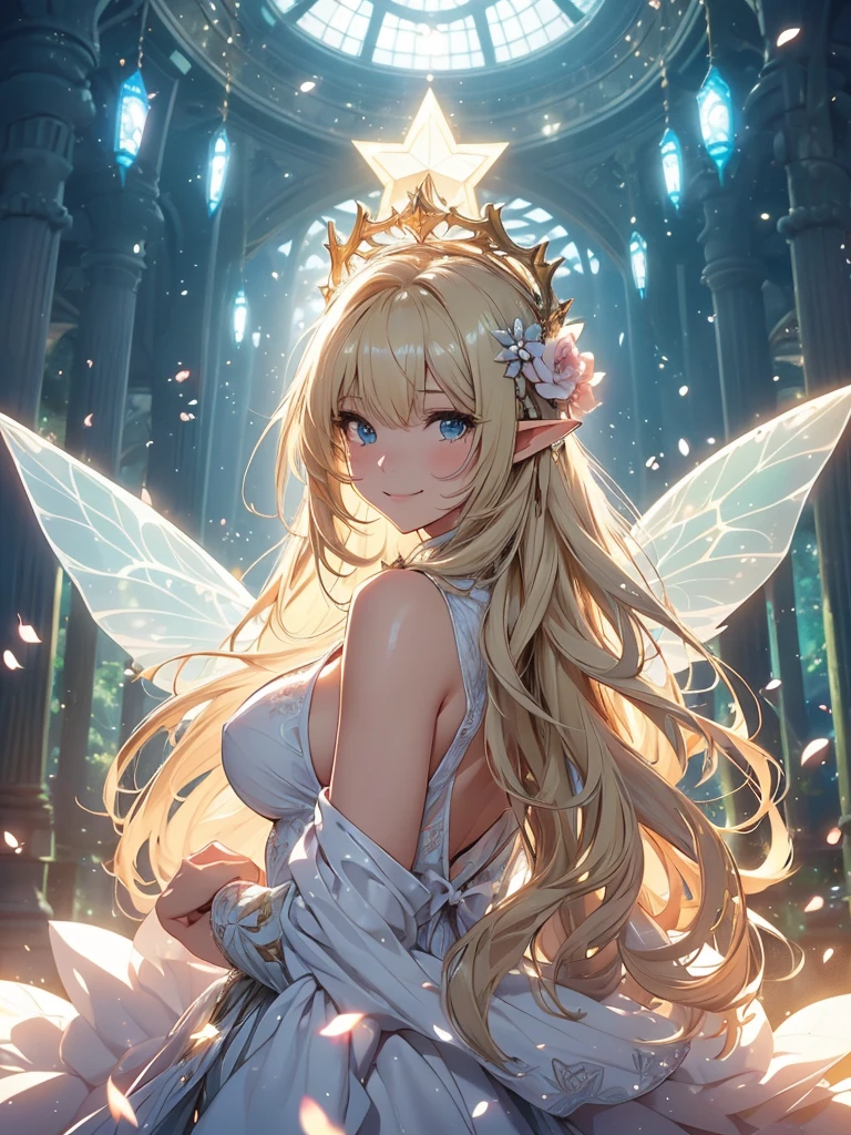 最high quality、1woman elf 、Silver Hair、Blonde、、、Beautiful foam、、CourtyardShining fairy wings、NP: Worst quality ,Flower fractal art　　、see-throughbodystocking,Beautiful side shot, radiance,High-definition depiction, Realistic, 8k, Unity, beautiful Shot, light smile, Beautifully and vividly drawn, , Beautiful, beautiful, clear skin、sexy,beautiful dress,Countless rays of light pouring down, Swirling Light, big background, Raise one arm above your head, Intense light is emitted from the magic circle in front of the girl.   forest、Lots of leaves、Green leaves、flower、Particles of light、
Romanticism,Cowboy Shot: The most beautiful form of chaos, Mr..々color, Intertwined flowers, Particle,magical gentle light,smile,sexy,image quality、masterpiece、Beautiful Face、Super beautiful elf woman((Big breasted 22 year old office lady、Nipples、Bust 100,Beautiful long ironed hair 、Blonde hair,height: 165cm。、sexy、Esbian、、high quality、、background((Star Narski)))、Starry Sky、Visual art、Written boundary depth、、Elf Ears、、universe、Happy smile、Gentle light、Elf forest、elegant、ticker beautiful decorative、、magic、forest、Beautiful tiara、Beautiful bed、Beautiful Landscape、A kind smile、wonderful、Fluttering petals、Dance happily、、Cultivate fantasy、、Mystery light　Lots of flowers、、art、forest, palace, art,mystery,Ultra-high resolution,atmosphere