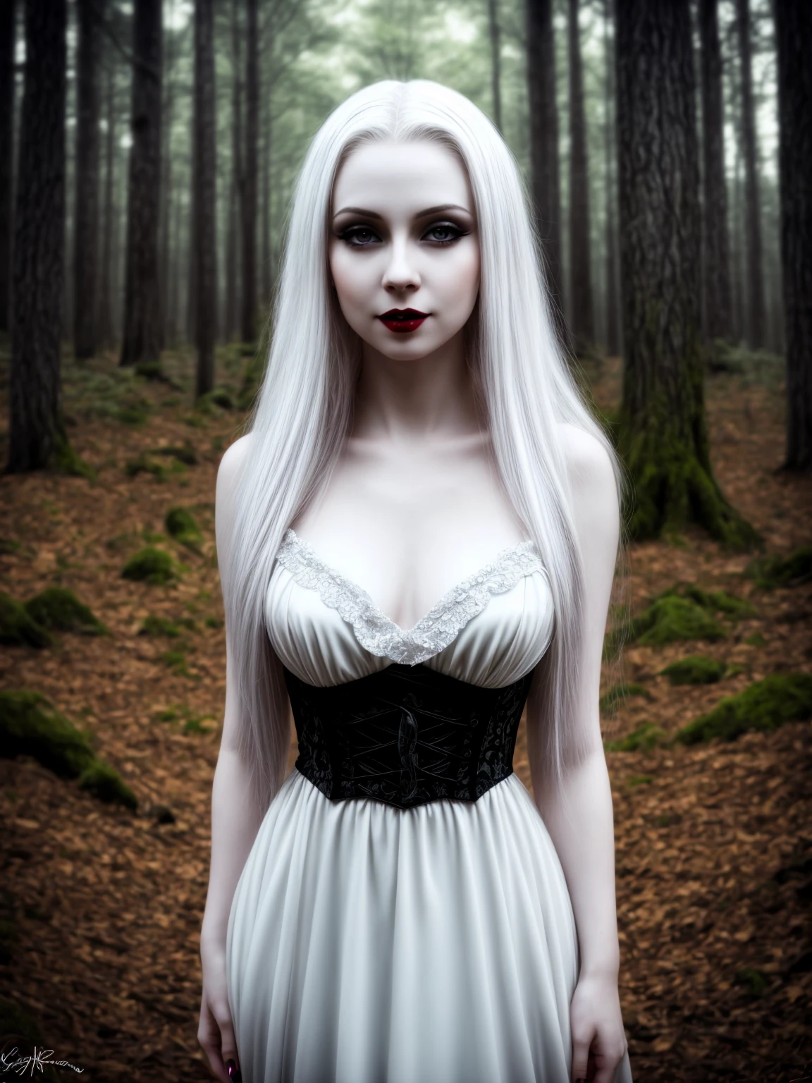 female sexy vampire|albino, pale porcelain skin, sexy vintage black dress, smile, shallow depth of field, grin|creepy, nightfall, detailed face, night, wide hips, narrow waist, portrait of woman standing, detailed eyes, portrait of woman standing, 8k RAW photo, highest quality, looking at the viewer, best shadow, intricate details, long hair, bright eyes, forest, grave, gothic, goth detailed, highres, high qualilty, high saturation