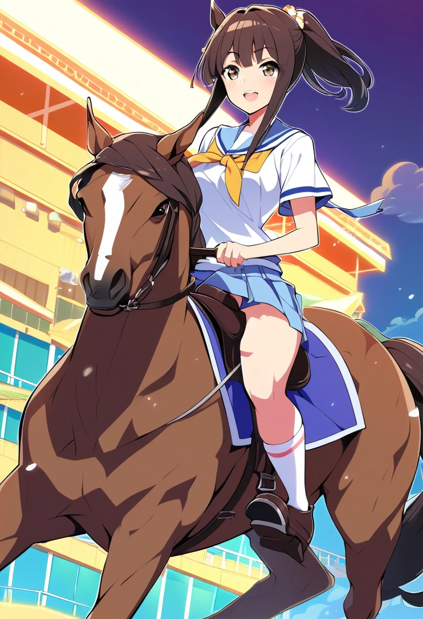 A Japanese high school girl in anime style riding a horse wearing white summer socks