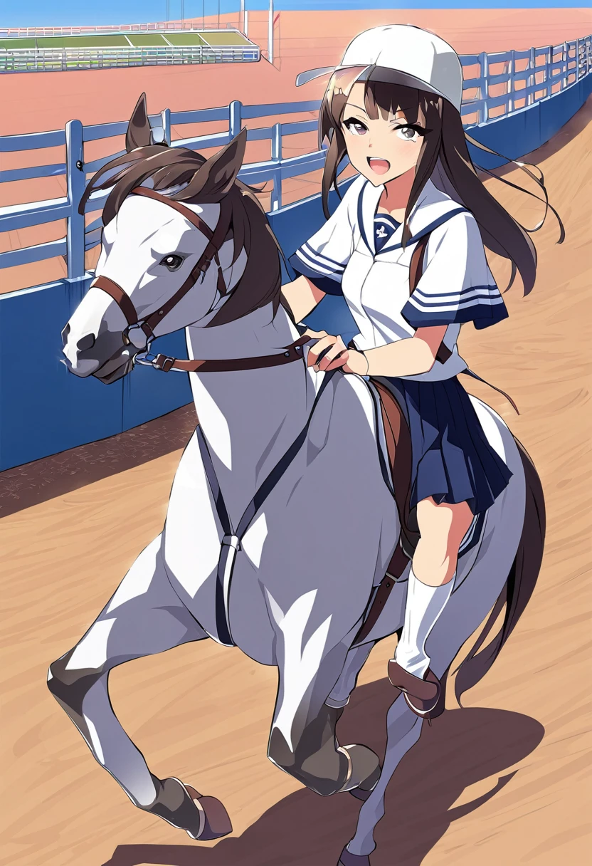 A Japanese high school girl in anime style riding a horse wearing white summer socks