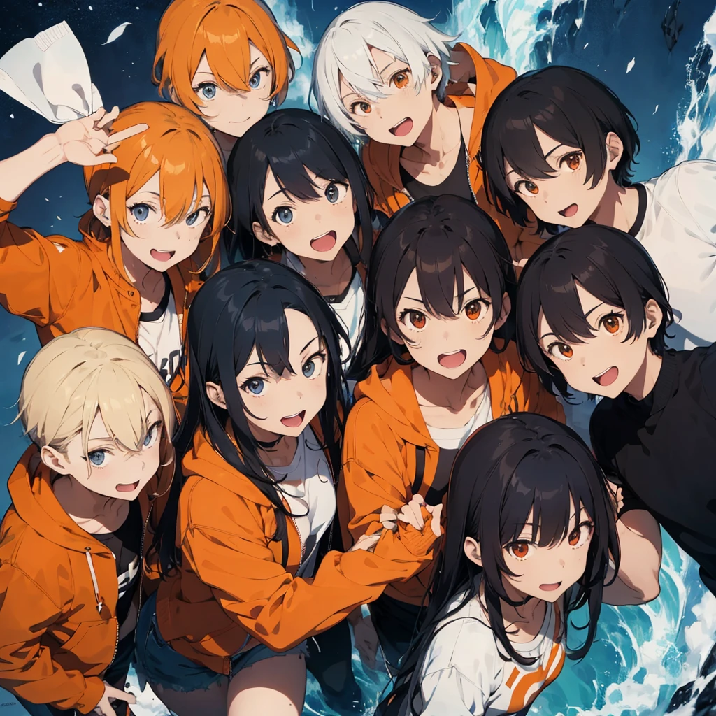A group of different male characters together as if it were the cover of a 2d anime, that have human form, with orange jackets written Breakdown in white
