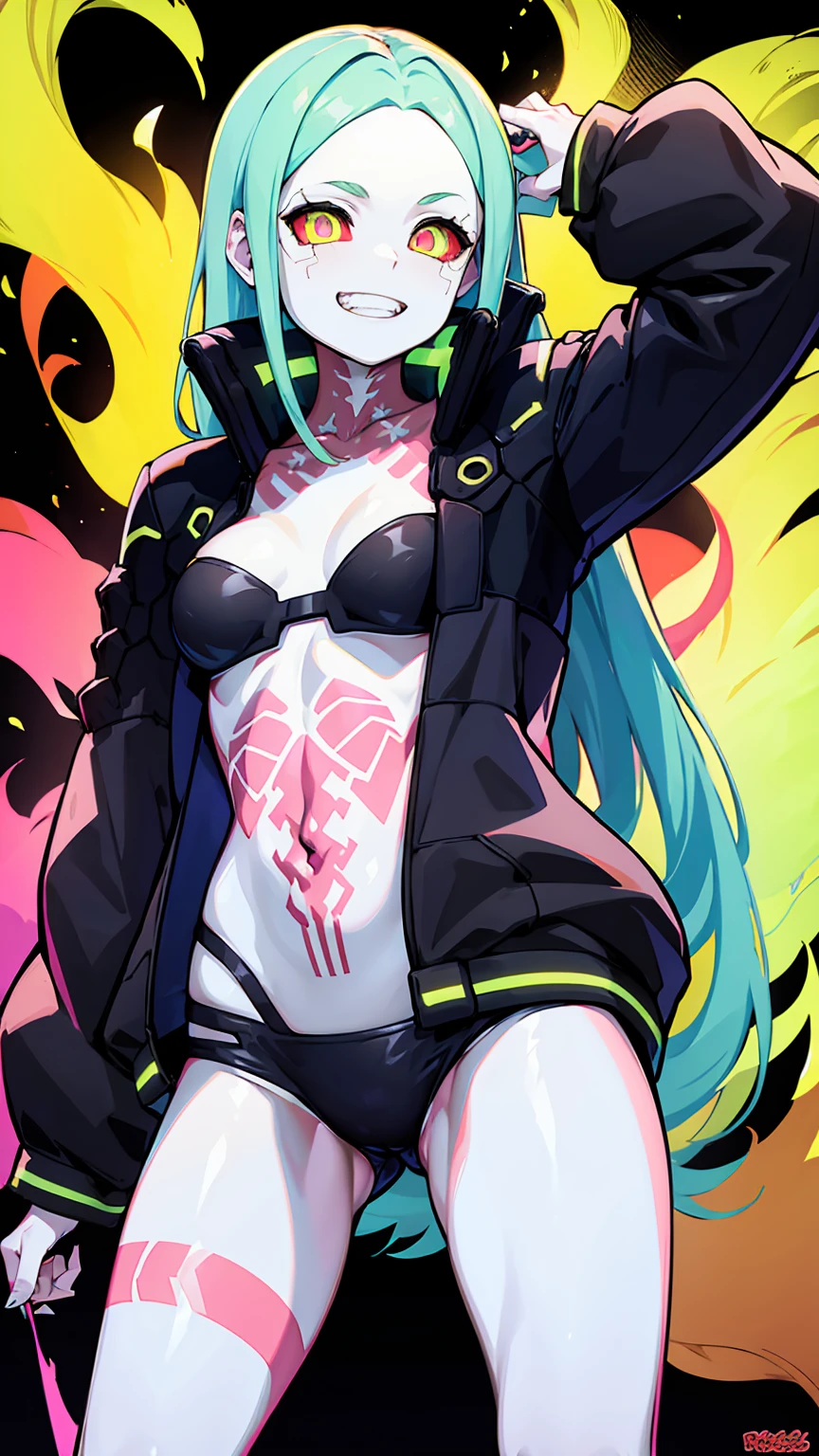 work of art, best qualityer, high resolution, 1 girl, Rebeca \(cyber punk\), standing alone, long hair, mechanical eye, colored sclera, red sclera, colored fur, Caucasian skin, tattoo on the leg, Neck tatoo, hair green, long hair,  small, Underwear, tusk, red pupils, skin tusk, Eyes red, Black jacke, standing, cyber punk house, Grinning