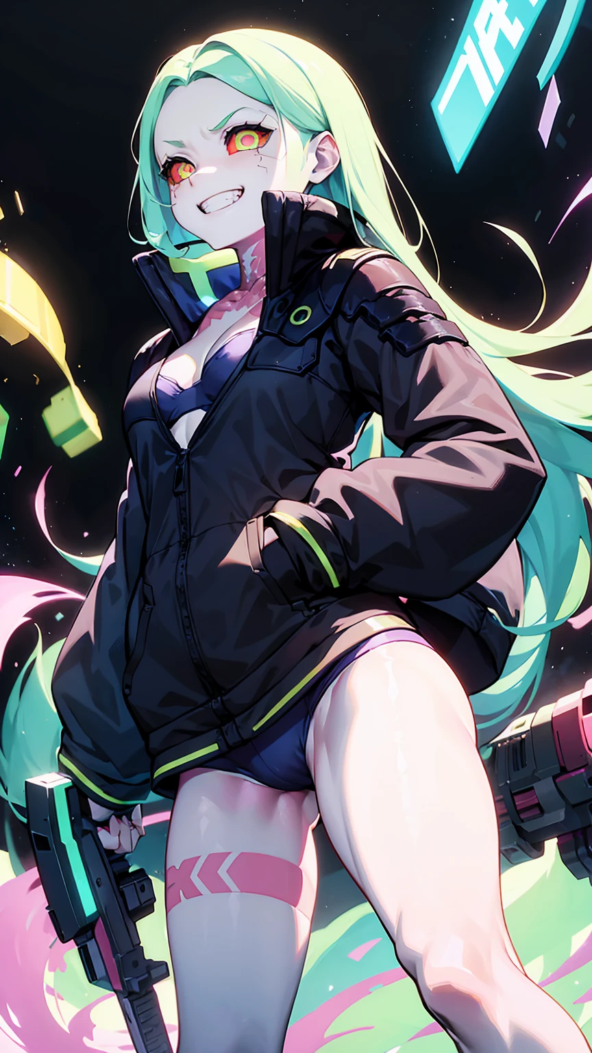 work of art, best qualityer, high resolution, 1 girl, Rebeca \(cyber punk\), standing alone, long hair, mechanical eye, colored sclera, red sclera, colored fur, Caucasian skin, tattoo on the leg, Neck tatoo, hair green, long hair,  small, , tusk, red pupils, skin tusk, Eyes red, Black jacke, standing, cyber punk house, Grinning