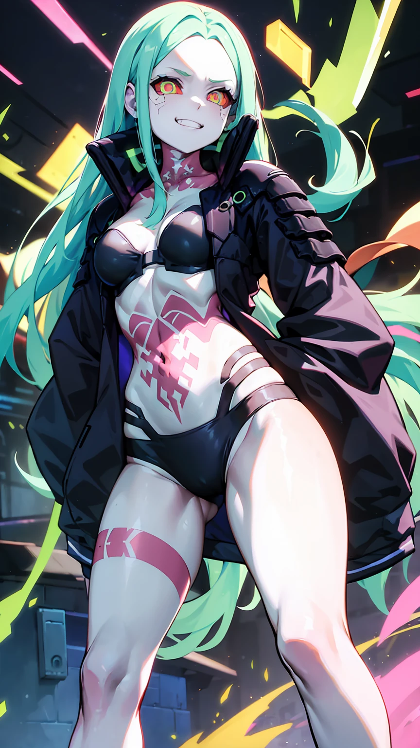 work of art, best qualityer, high resolution, 1 girl, Rebeca \(cyber punk\), standing alone, long hair, mechanical eye, colored sclera, red sclera, colored fur, Caucasian skin, tattoo on the leg, Neck tatoo, hair green, long hair, breasts small, Underwear, tusk, red pupils, skin tusk, Eyes red, Black jacke, standing, cyber punk house, Grinning