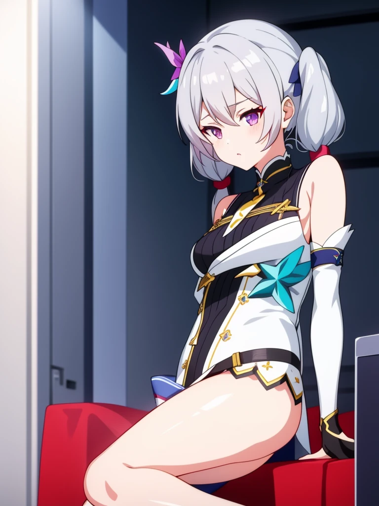 1girl, anime girl, silver hair, long twintails, silver eyes, honkai, anime screencap